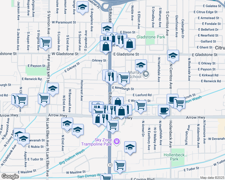 map of restaurants, bars, coffee shops, grocery stores, and more near in Azusa