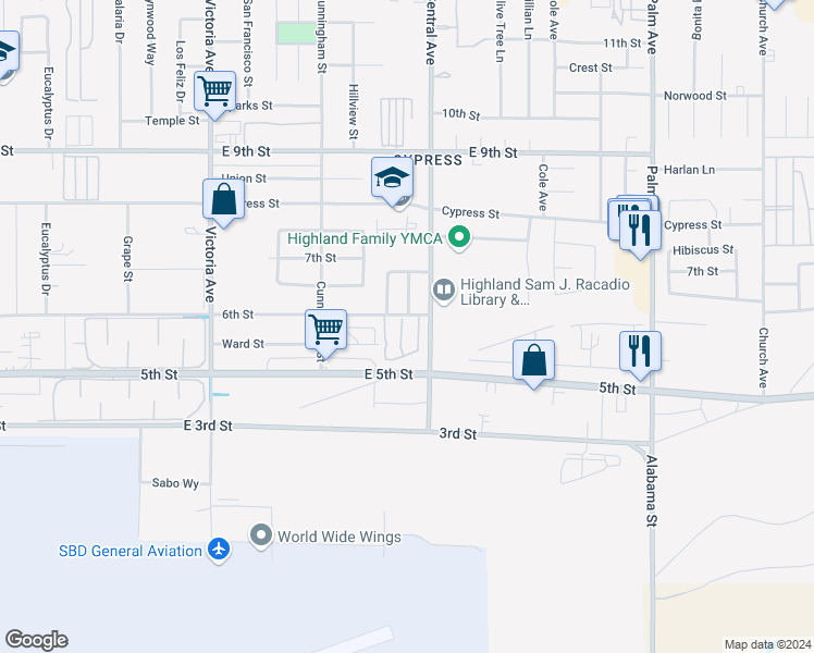 map of restaurants, bars, coffee shops, grocery stores, and more near 7921 Midhurst Drive in Highland
