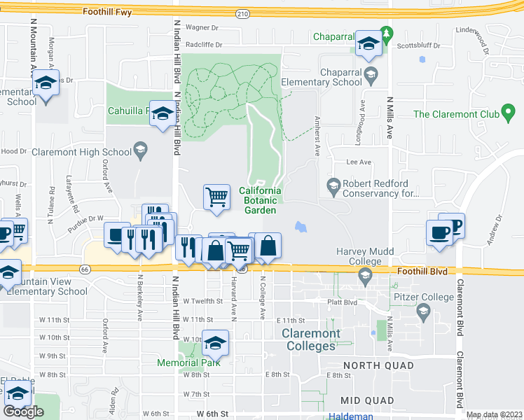 map of restaurants, bars, coffee shops, grocery stores, and more near 1487 North College Avenue in Claremont