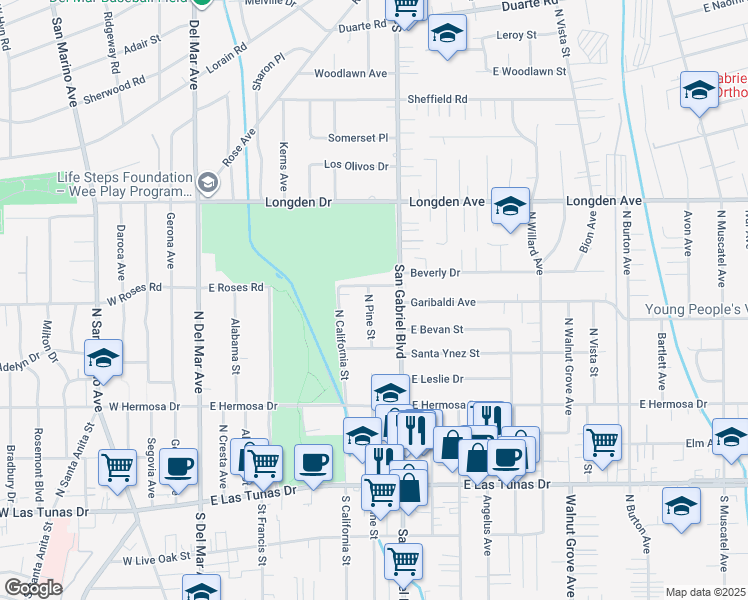 map of restaurants, bars, coffee shops, grocery stores, and more near 448 North Pine Street in San Gabriel