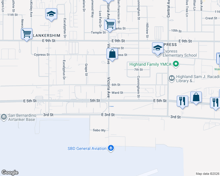 map of restaurants, bars, coffee shops, grocery stores, and more near 7923 Victoria Avenue in Highland