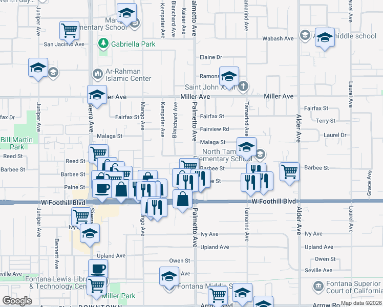 map of restaurants, bars, coffee shops, grocery stores, and more near 7914 Palmetto Avenue in Fontana