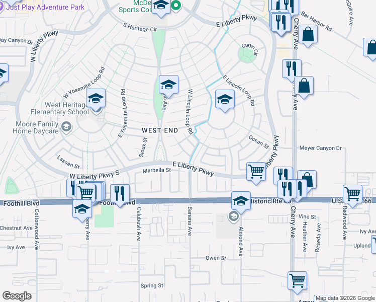 map of restaurants, bars, coffee shops, grocery stores, and more near 7879 El Dorado Street in Fontana