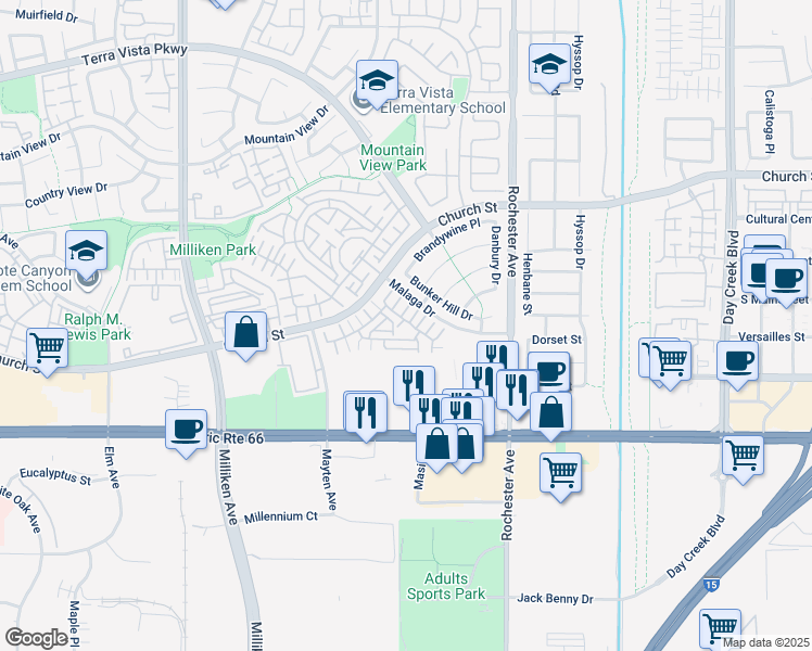 map of restaurants, bars, coffee shops, grocery stores, and more near 11755 Malaga Drive in Rancho Cucamonga