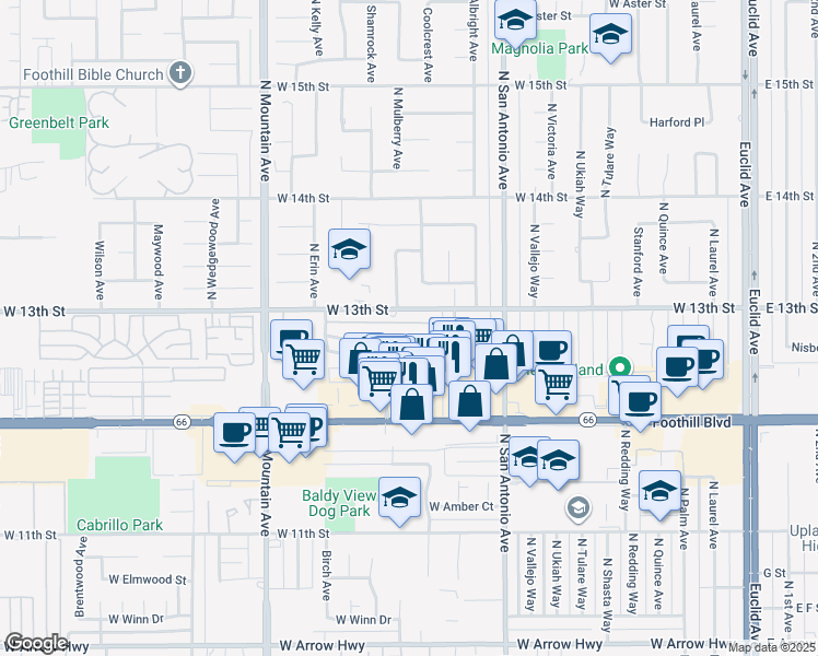 map of restaurants, bars, coffee shops, grocery stores, and more near 959 West Pine Street in Upland