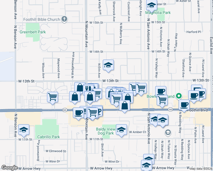 map of restaurants, bars, coffee shops, grocery stores, and more near 1089 West Pine Street in Upland