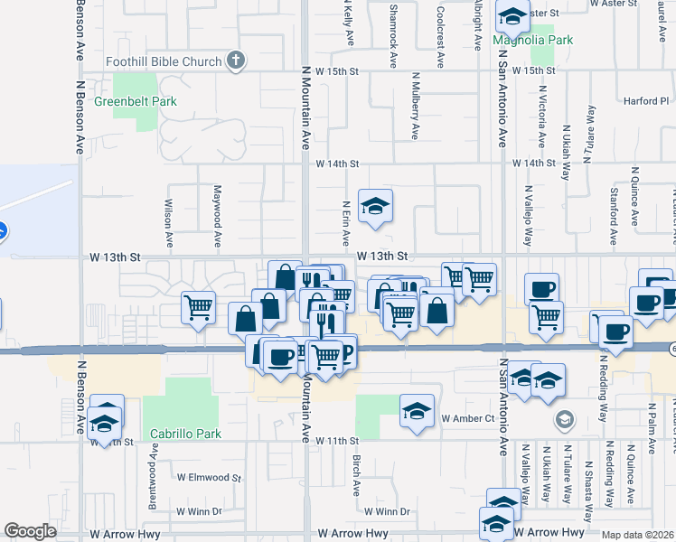 map of restaurants, bars, coffee shops, grocery stores, and more near 1146 Mountain Gate Road in Upland