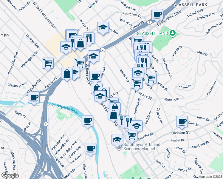 map of restaurants, bars, coffee shops, grocery stores, and more near 2626 West Avenue 31 in Los Angeles