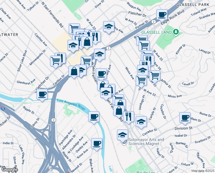 map of restaurants, bars, coffee shops, grocery stores, and more near 2717 North San Fernando Road in Los Angeles