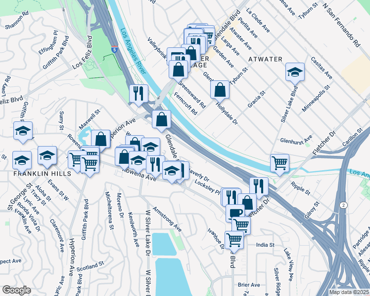 map of restaurants, bars, coffee shops, grocery stores, and more near 2800 Riverside Drive in Los Angeles