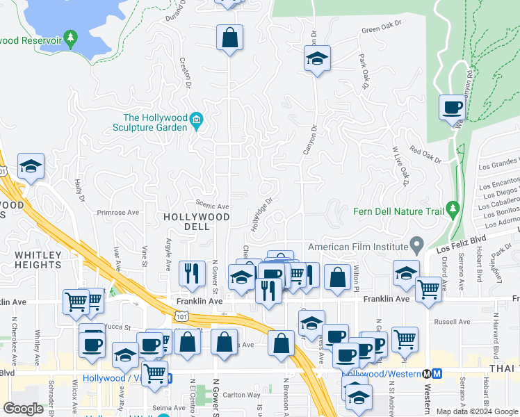 map of restaurants, bars, coffee shops, grocery stores, and more near 2174 Beachwood Terrace in Los Angeles