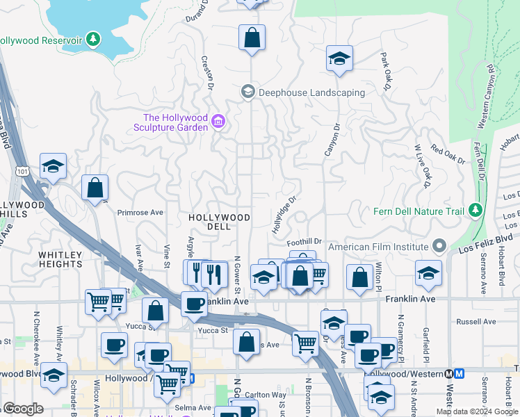 map of restaurants, bars, coffee shops, grocery stores, and more near in Los Angeles