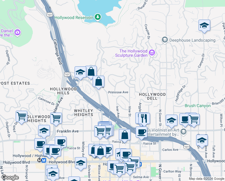 map of restaurants, bars, coffee shops, grocery stores, and more near 6403 Primrose Avenue in Los Angeles