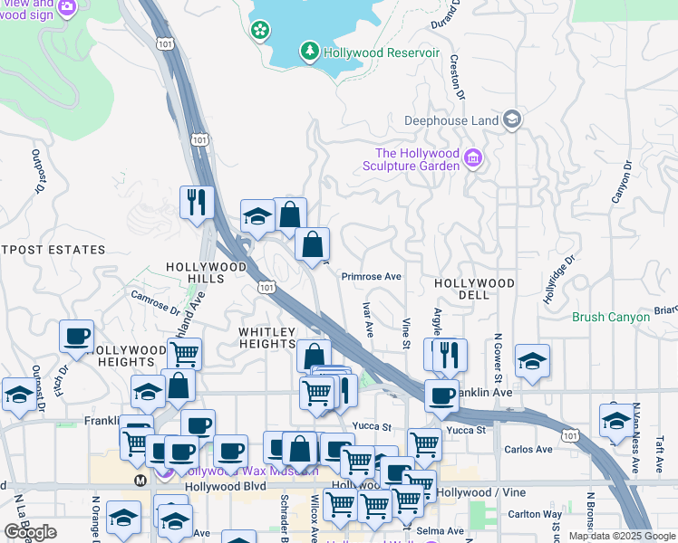 map of restaurants, bars, coffee shops, grocery stores, and more near 2139 Holly Drive in Los Angeles