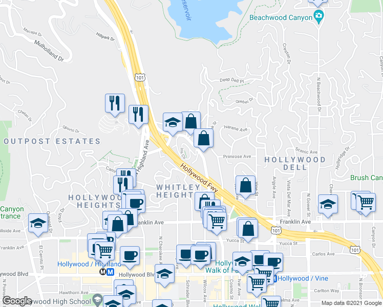 map of restaurants, bars, coffee shops, grocery stores, and more near 6520 Iris Drive in Los Angeles