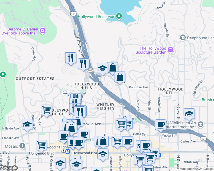 map of restaurants, bars, coffee shops, grocery stores, and more near 6820 Whitley Terrace in Los Angeles