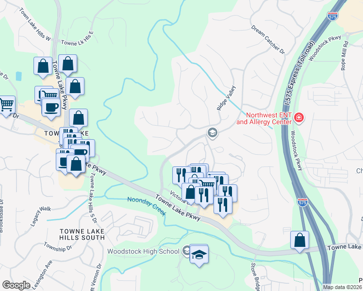map of restaurants, bars, coffee shops, grocery stores, and more near 101 Deer Valley Lane in Woodstock