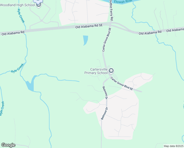 map of restaurants, bars, coffee shops, grocery stores, and more near 21 Ashwood Drive in Cartersville