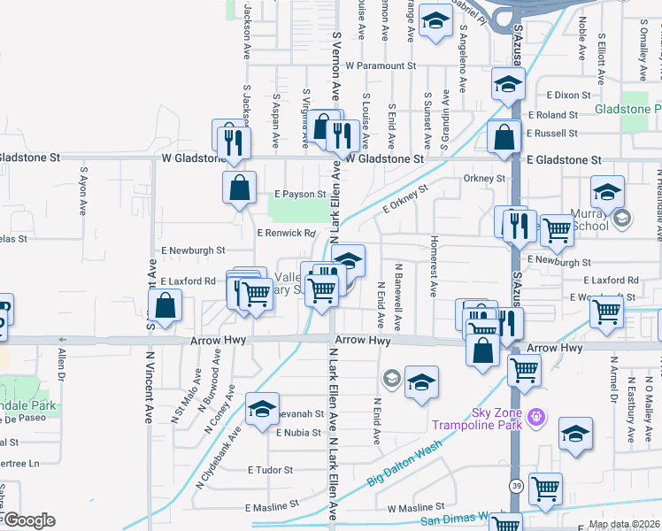 map of restaurants, bars, coffee shops, grocery stores, and more near 731 South Lark Ellen Avenue in Azusa