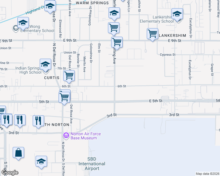 map of restaurants, bars, coffee shops, grocery stores, and more near 25649 6th Street in San Bernardino