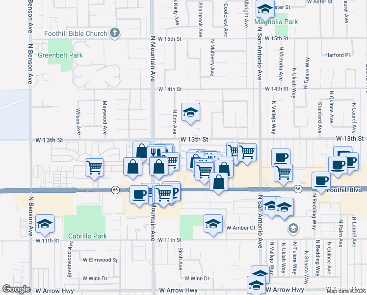 map of restaurants, bars, coffee shops, grocery stores, and more near 1089 West Pine Street in Upland