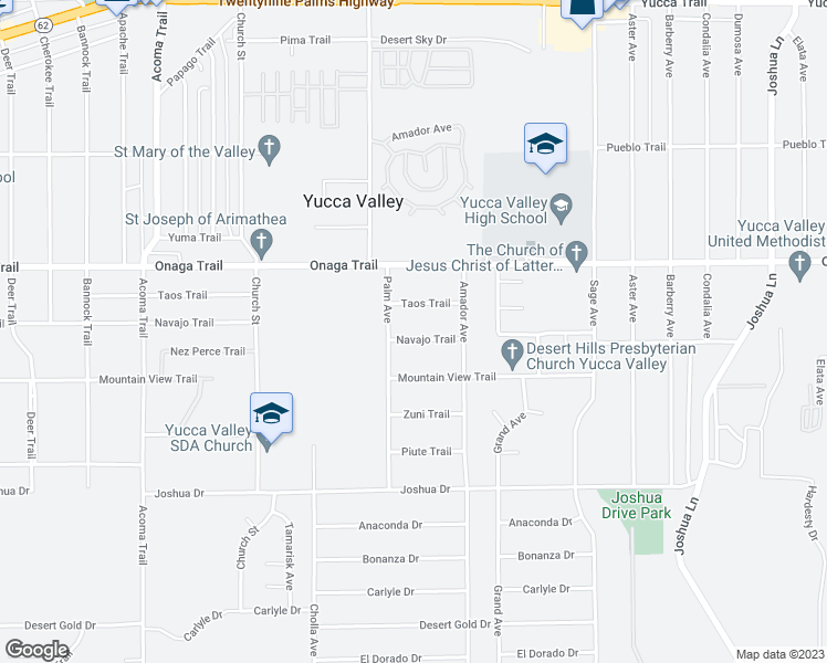 map of restaurants, bars, coffee shops, grocery stores, and more near 56580 Navajo Trail in Yucca Valley