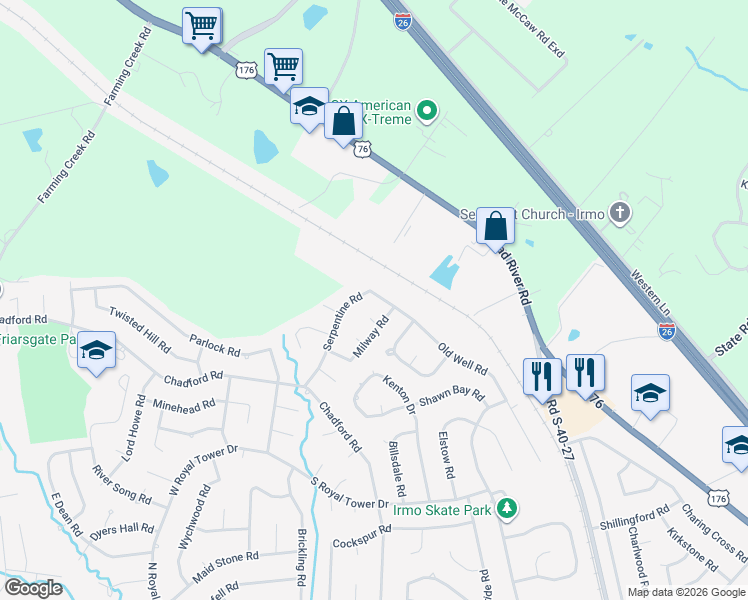 map of restaurants, bars, coffee shops, grocery stores, and more near 400 Serpentine Road in Irmo