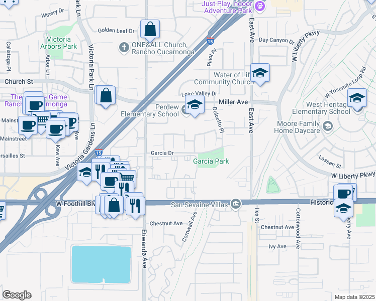 map of restaurants, bars, coffee shops, grocery stores, and more near 7881 Margaux Place in Rancho Cucamonga