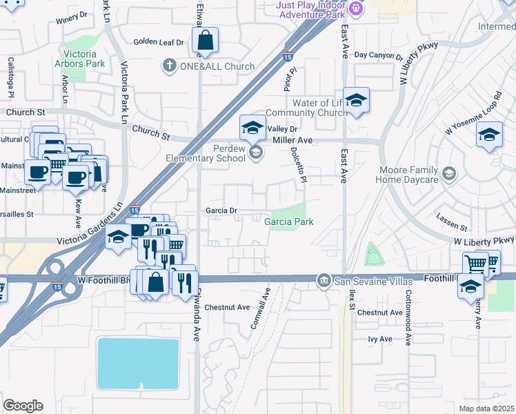 map of restaurants, bars, coffee shops, grocery stores, and more near 7881 Margaux Place in Rancho Cucamonga