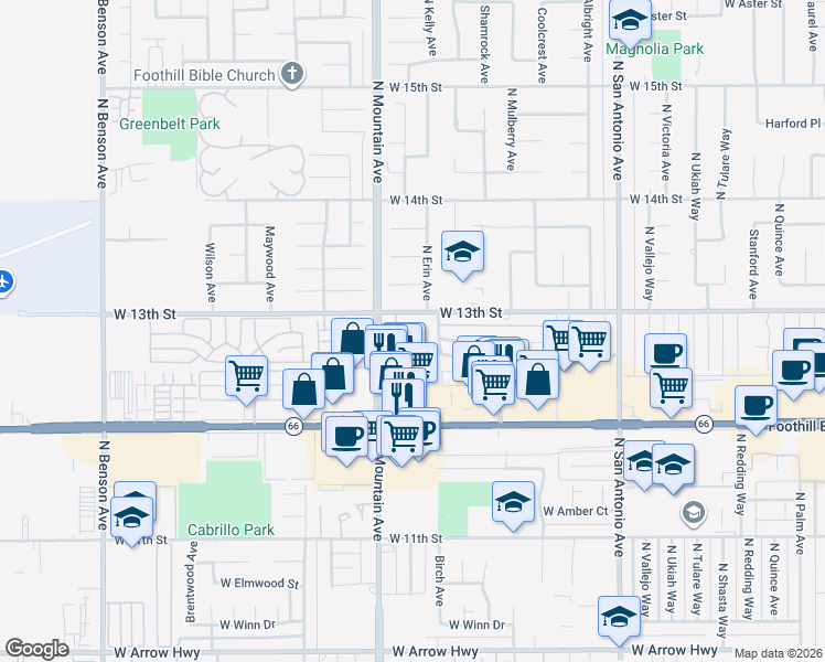 map of restaurants, bars, coffee shops, grocery stores, and more near 1146 Mountain Gate Road in Upland