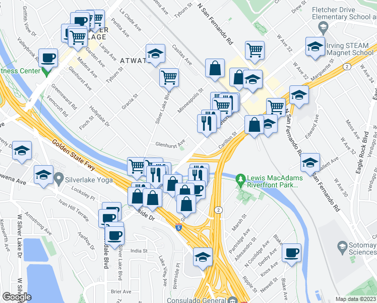 map of restaurants, bars, coffee shops, grocery stores, and more near 2645 Fletcher Drive in Los Angeles