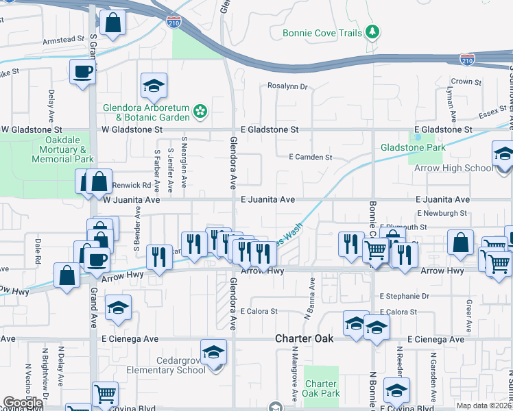 map of restaurants, bars, coffee shops, grocery stores, and more near 132 East Juanita Avenue in Glendora