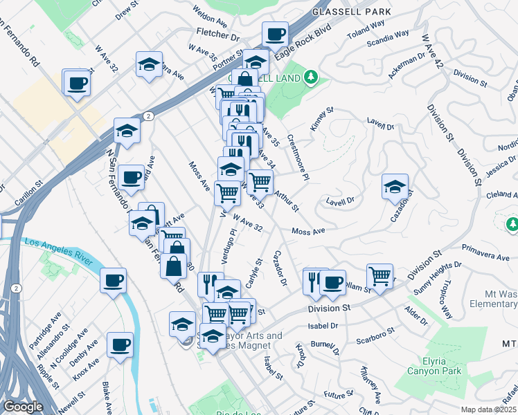 map of restaurants, bars, coffee shops, grocery stores, and more near 2430 West Avenue 33 in Los Angeles