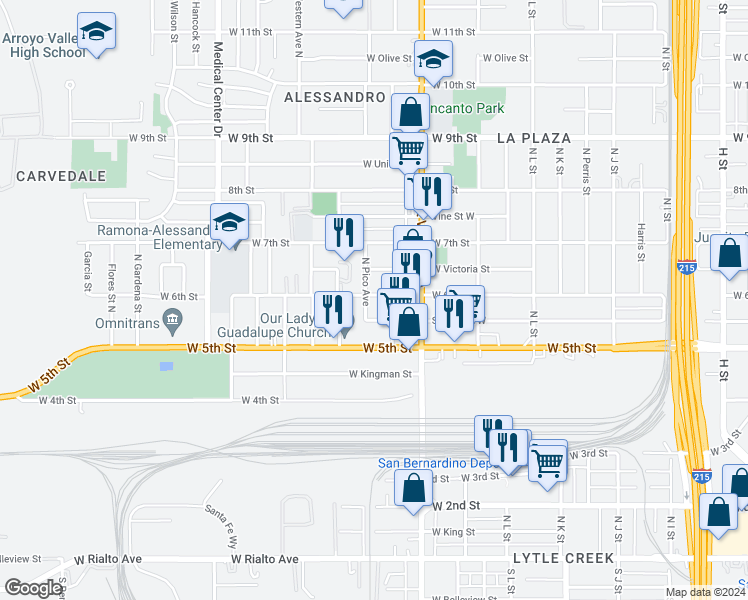 map of restaurants, bars, coffee shops, grocery stores, and more near 1387 West 6th Street in San Bernardino