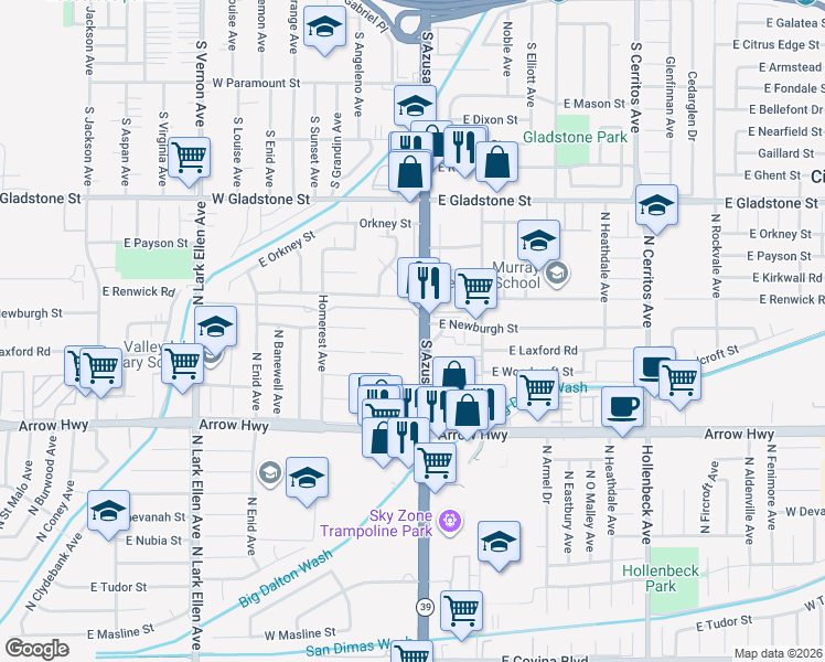 map of restaurants, bars, coffee shops, grocery stores, and more near in Azusa