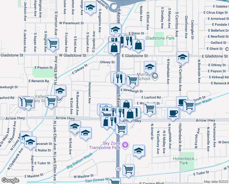 map of restaurants, bars, coffee shops, grocery stores, and more near 707 South Azusa Avenue in Azusa
