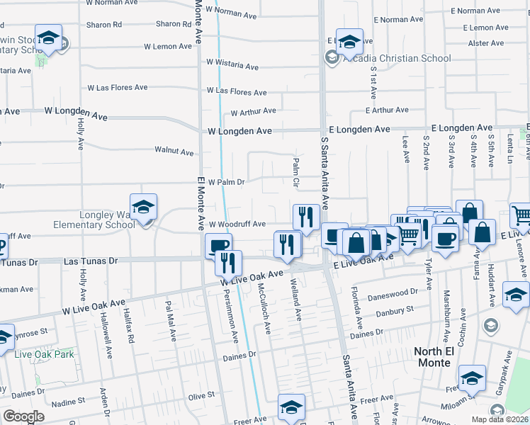 map of restaurants, bars, coffee shops, grocery stores, and more near 2510 Woodruff Lane in Arcadia