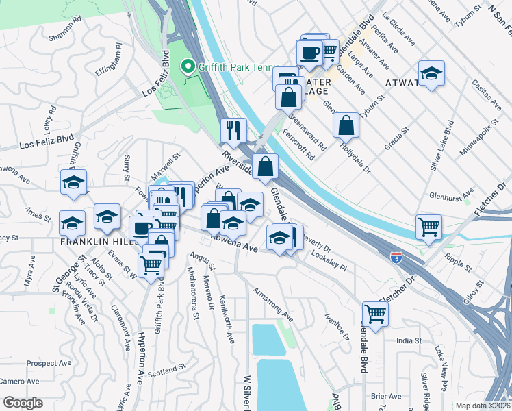 map of restaurants, bars, coffee shops, grocery stores, and more near 2925 Waverly Drive in Los Angeles