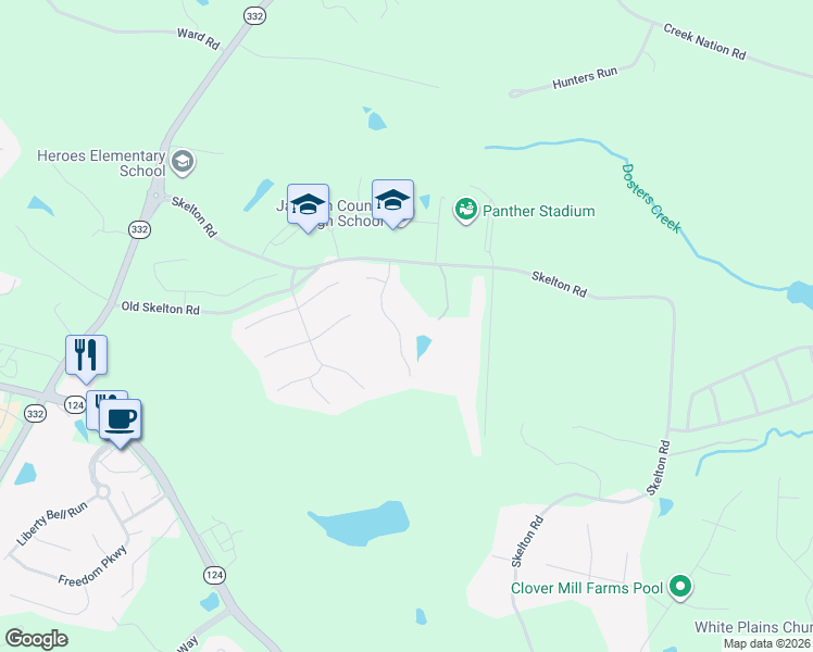 map of restaurants, bars, coffee shops, grocery stores, and more near 179 Braselton Farms Drive in Hoschton