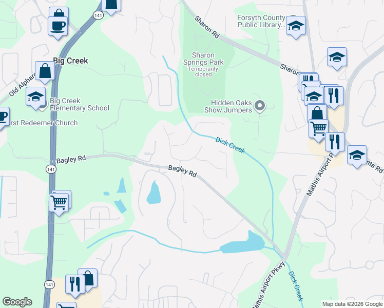 map of restaurants, bars, coffee shops, grocery stores, and more near 2535 Stonegate Drive in Cumming