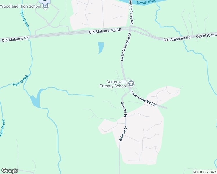 map of restaurants, bars, coffee shops, grocery stores, and more near 21 Ashwood Drive in Cartersville