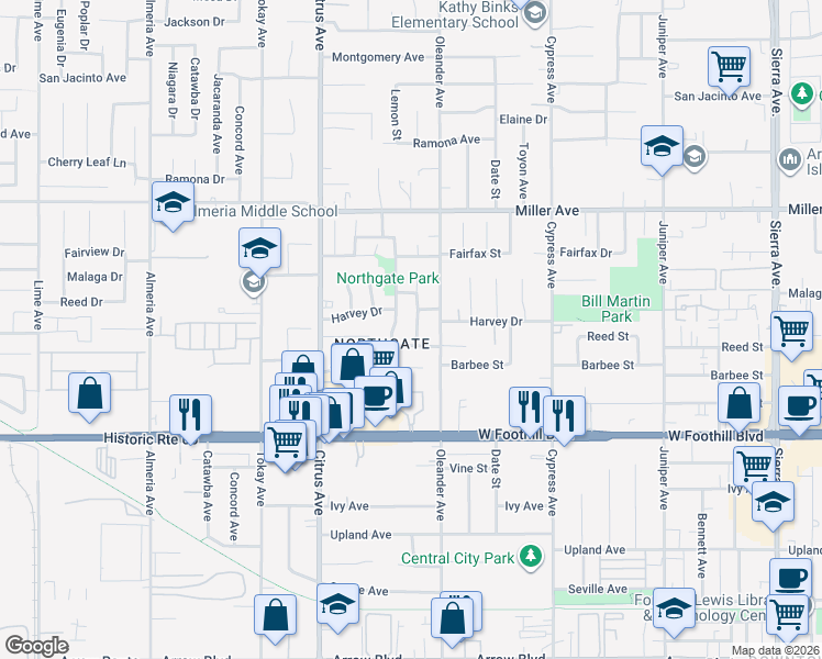 map of restaurants, bars, coffee shops, grocery stores, and more near 7914 Pinyon Avenue in Fontana