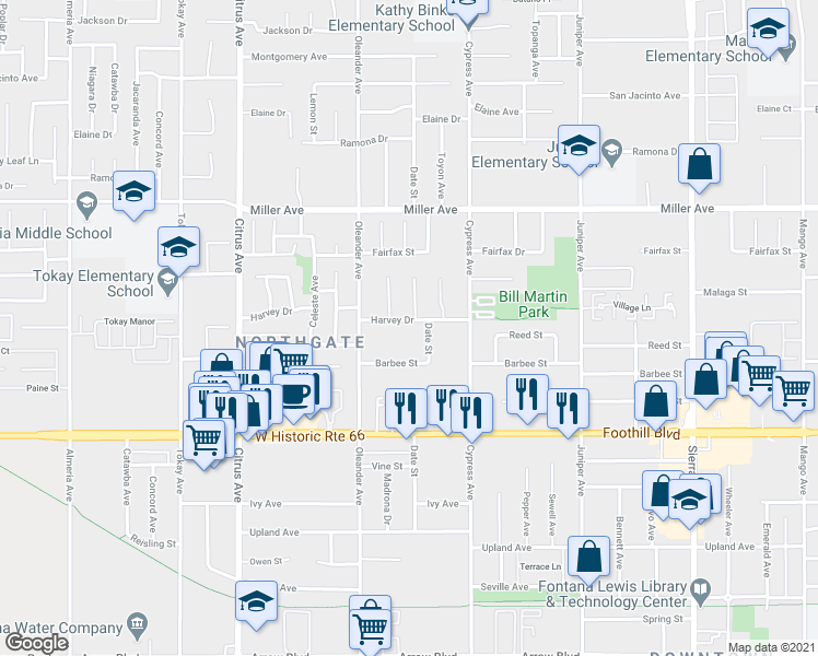 map of restaurants, bars, coffee shops, grocery stores, and more near 16393 Harvey Drive in Fontana