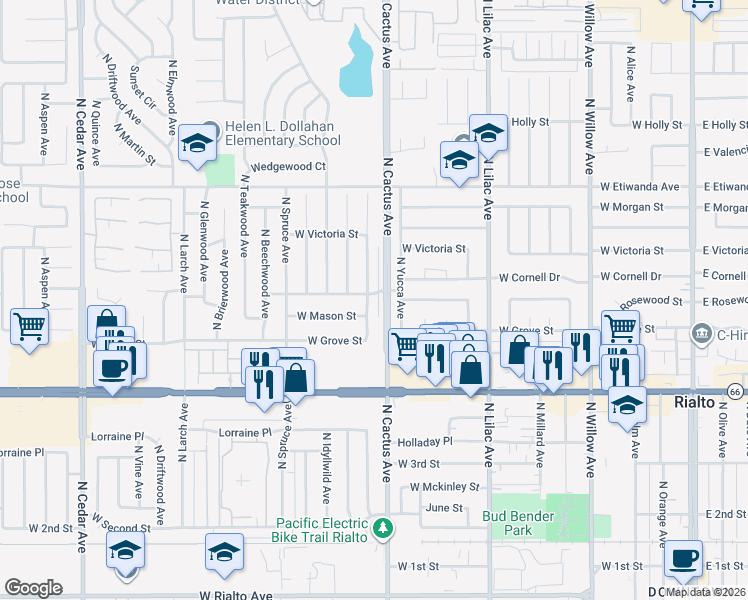 map of restaurants, bars, coffee shops, grocery stores, and more near 577 North Fillmore Avenue in Rialto