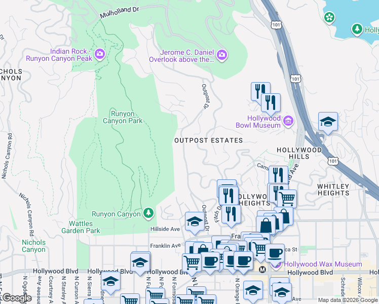 map of restaurants, bars, coffee shops, grocery stores, and more near 2130 Outpost Drive in Los Angeles