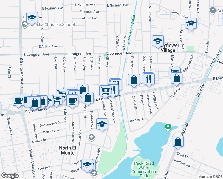 map of restaurants, bars, coffee shops, grocery stores, and more near 608 East Sandra Avenue in Arcadia