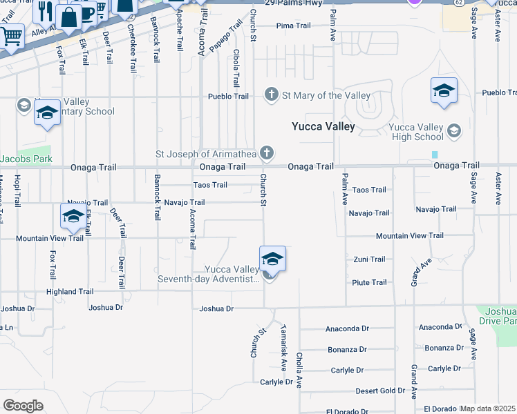 map of restaurants, bars, coffee shops, grocery stores, and more near 56287 Navajo Trail in Yucca Valley