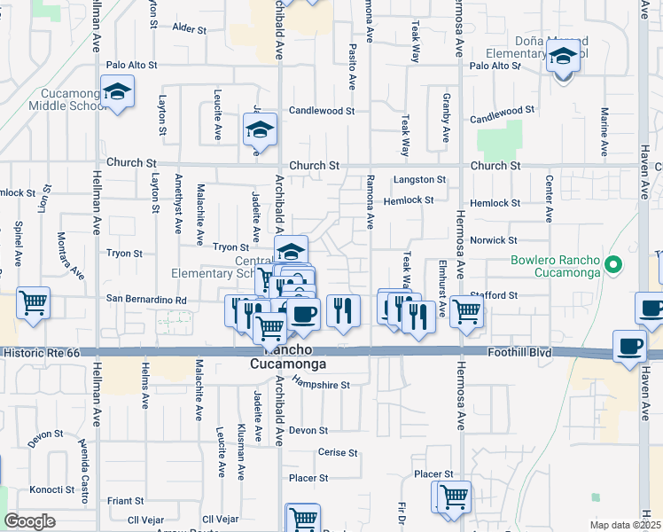 map of restaurants, bars, coffee shops, grocery stores, and more near 9810 Bianca Court in Rancho Cucamonga