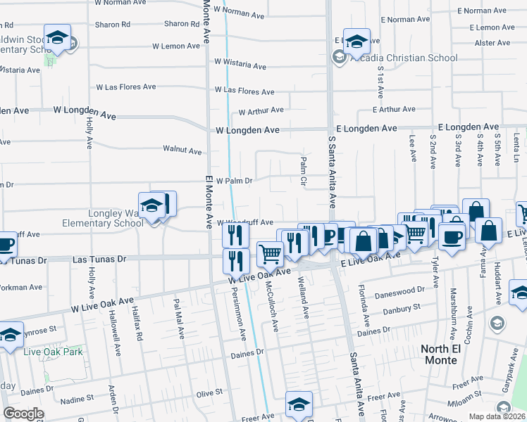 map of restaurants, bars, coffee shops, grocery stores, and more near 2510 Woodruff Lane in Arcadia