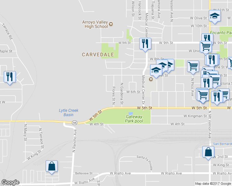 map of restaurants, bars, coffee shops, grocery stores, and more near 595 Flores Street North in San Bernardino